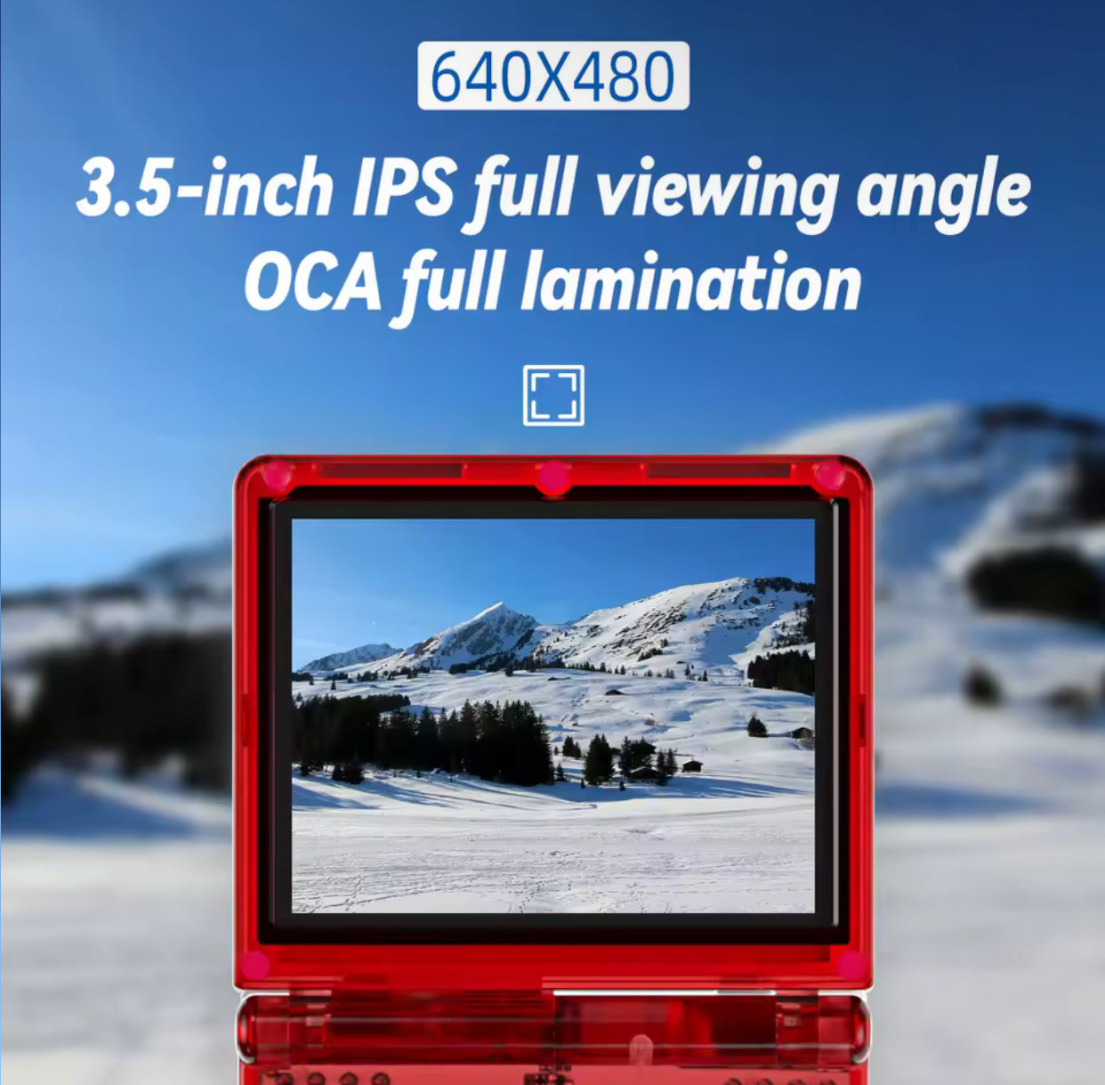 3.5-inch IPS display with OCA full lamination in front of a snowy mountain landscape Modded Game Boy Advance SP with 64GB memory card, IPS backlit screen and custom shell – restored and upgraded handheld console.”
