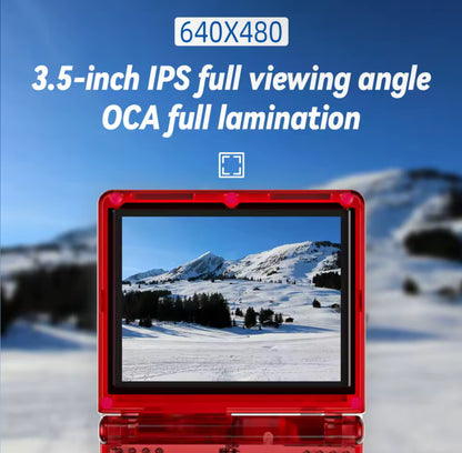 3.5-inch IPS display with OCA full lamination in front of a snowy mountain landscape Modded Game Boy Advance SP with 64GB memory card, IPS backlit screen and custom shell – restored and upgraded handheld console.”
