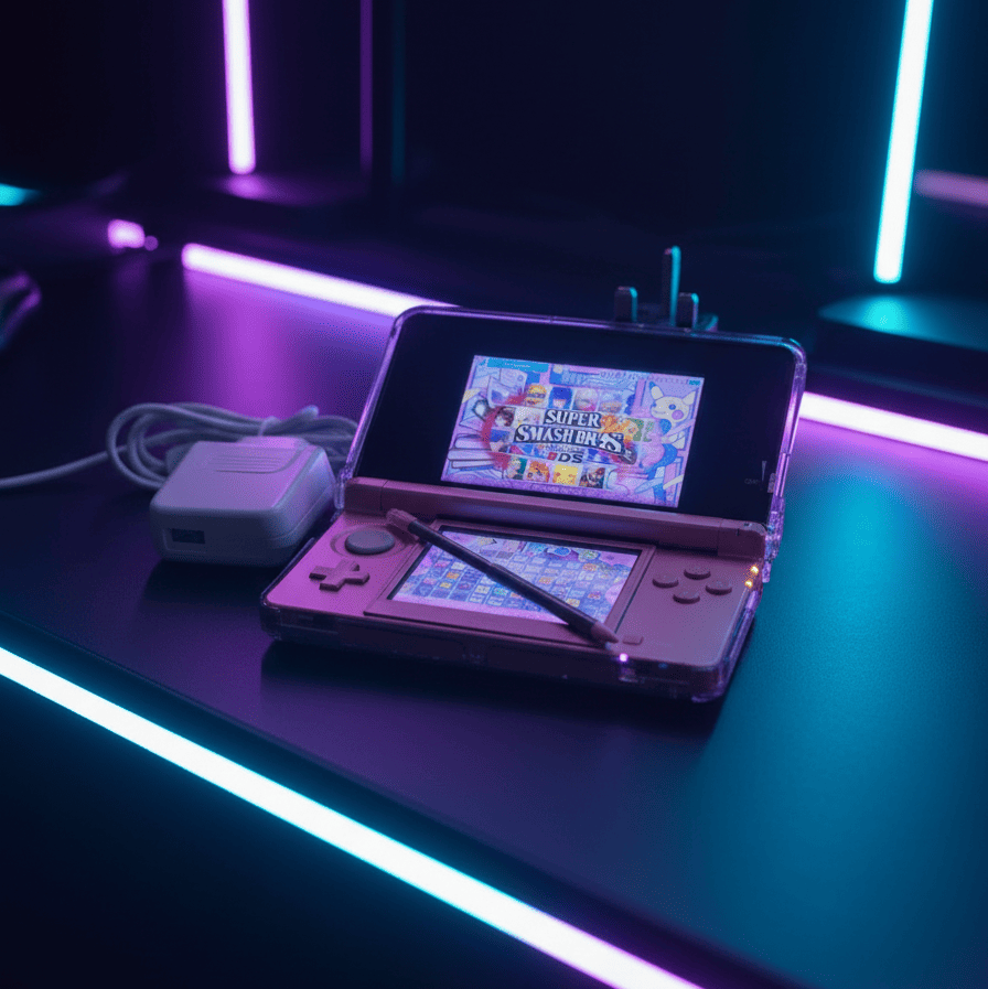 Modded Nintendo 3DS XL Red Black edition displaying Super Smash Bros with custom firmware and 128GB SD card