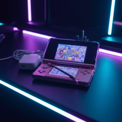 Modded Nintendo 3DS XL Red Black edition displaying Super Smash Bros with custom firmware and 128GB SD card