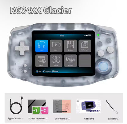 Handheld gaming console with screen and buttons, labeled 'RG34XX Glacier' on a white background. Modded Nintendo GBA handheld console with upgraded screen and 64GB storage”
2. “Front view of modded GBA with enhanced display and custom buttons”
3. “Back view of upgraded Game Boy Advance handheld console”
4. “Close-up of the modded GBA screen and controls”
5. “64GB modded Nintendo GBA shown with rechargeable battery upgrade”
6. “Custom Nintendo GBA handheld console for retro gaming”
