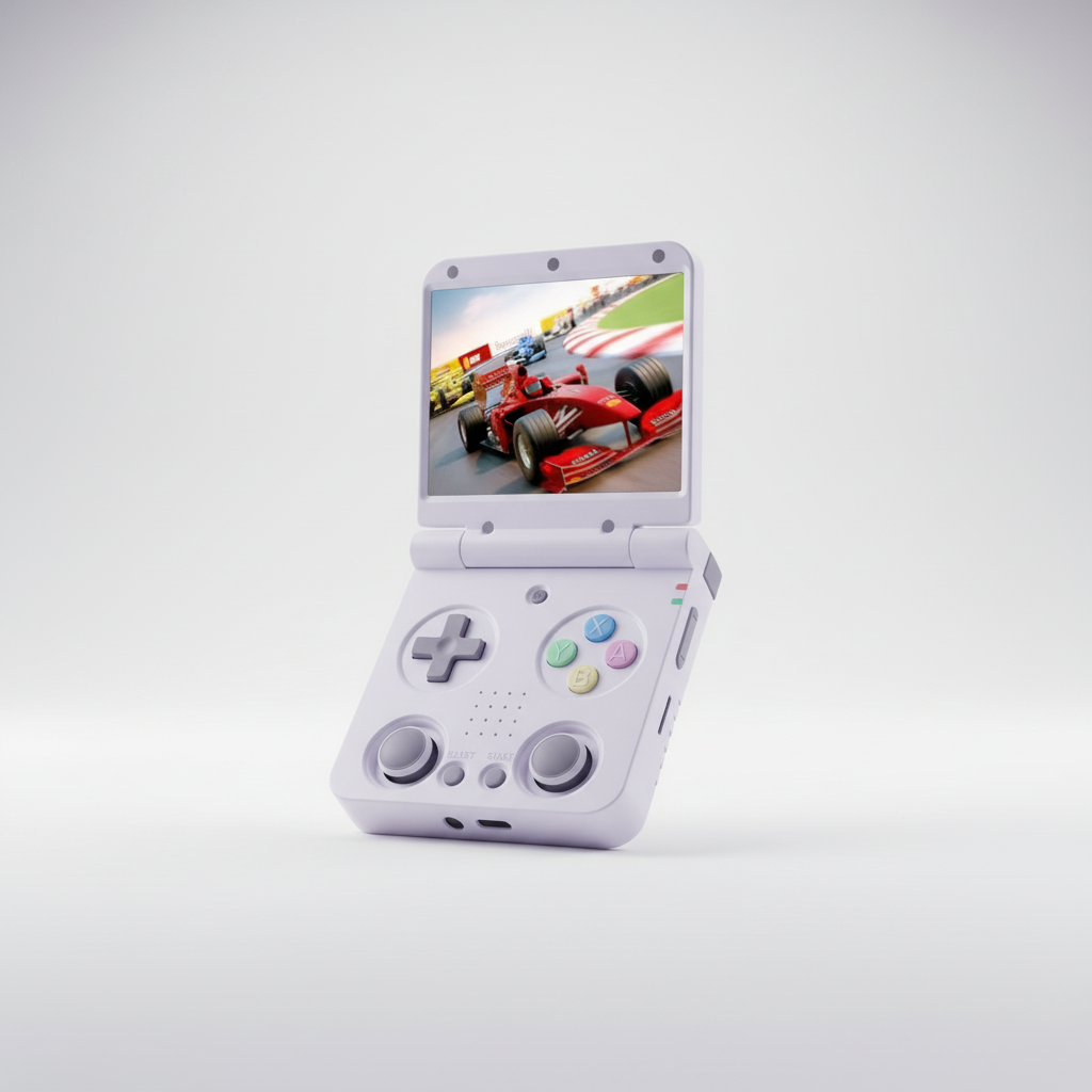 Handheld gaming console with a racing game displayed on the screen against a white background MIYOO Flip V2 retro handheld gaming console with clamshell design, 3.5-inch IPS 640×480 screen, RK3566 quad-core CPU, dual analog sticks, 1GB RAM, 64GB microSD support, Wi-Fi, Bluetooth, USB-C charging, 3000mAh battery, metal hinge, and upgraded controls for multi-system emulation.