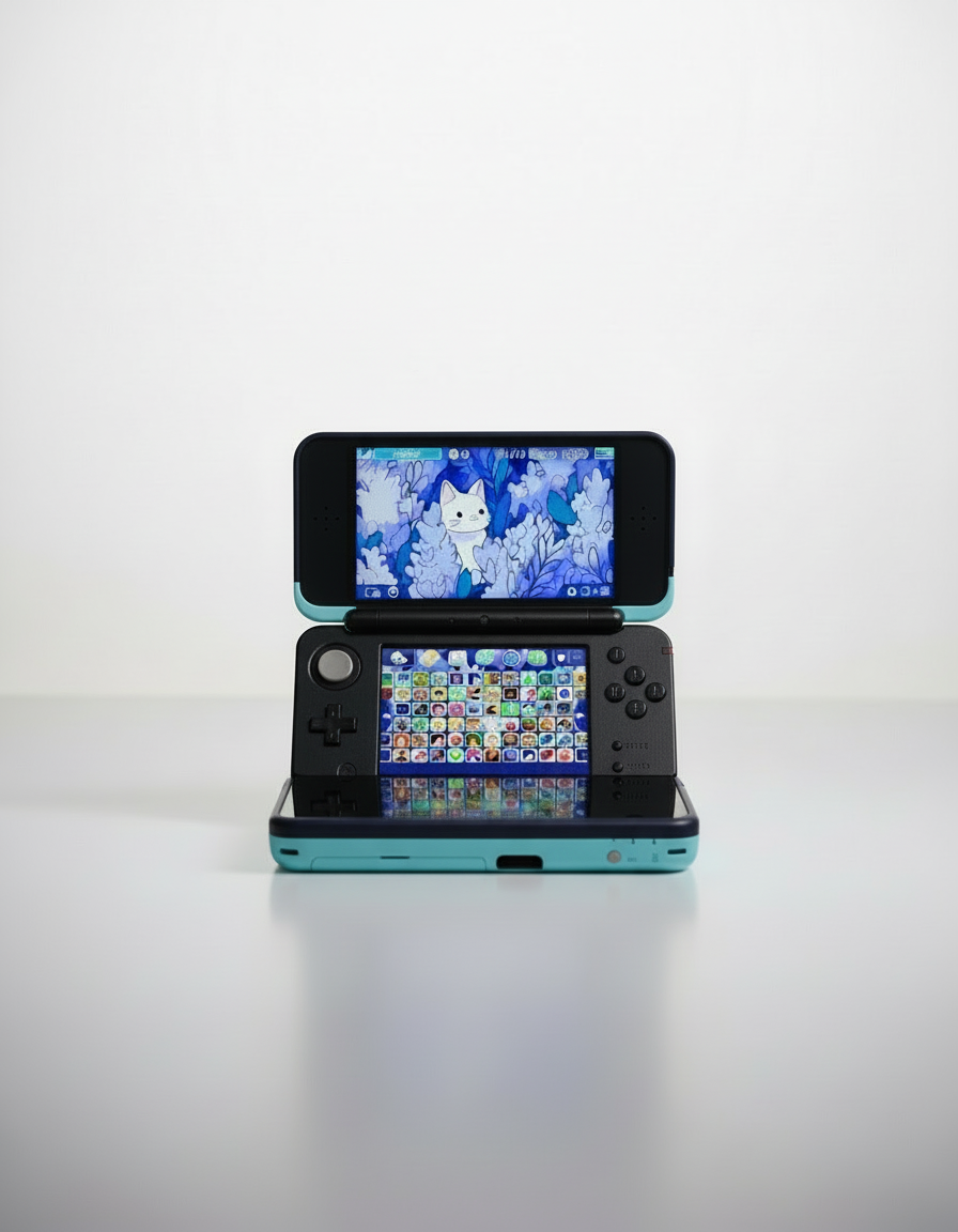 Nintendo DS gaming console on a white background Modded New Nintendo 2DS XL with Luma custom firmware, 128GB SD card, emulators, homebrew apps, and pre-installed software, displayed in excellent condition for retro and 3DS gaming.