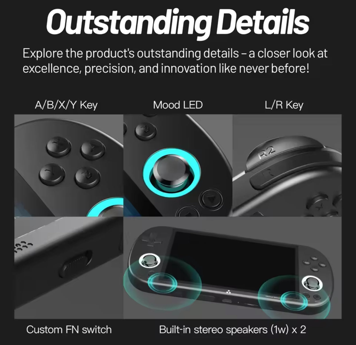 Gaming controller with labeled features on a black background 128GB microSD 256GB 64GB No SD handheld console  linux