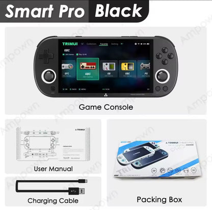 Game console with user manual, charging cable, and packing box on a white background 128GB microSD 256GB 64GB No SD handheld console  linux