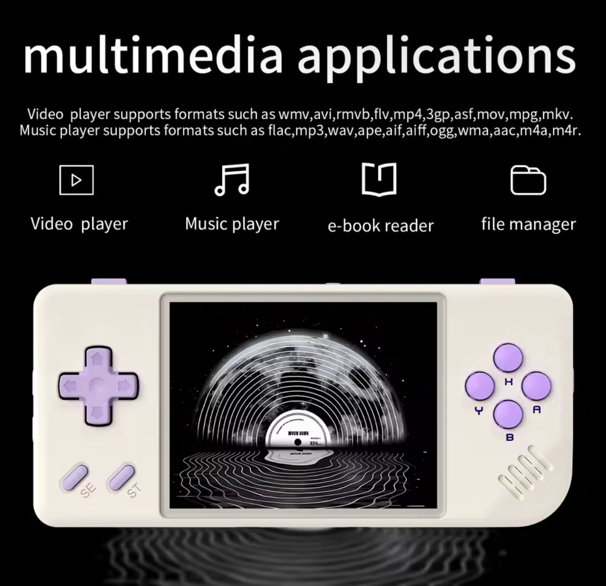 Handheld device with multimedia applications on a black background 1. Modded ANBERNIC handheld gaming console with 5000+ retro games and 64GB SD card
2. ANBERNIC retro handheld console featuring 5000+ preloaded games and 64GB storage