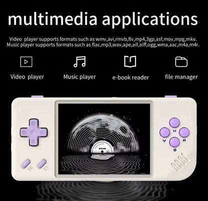 Handheld device with multimedia applications on a black background 1. Modded ANBERNIC handheld gaming console with 5000+ retro games and 64GB SD card
2. ANBERNIC retro handheld console featuring 5000+ preloaded games and 64GB storage