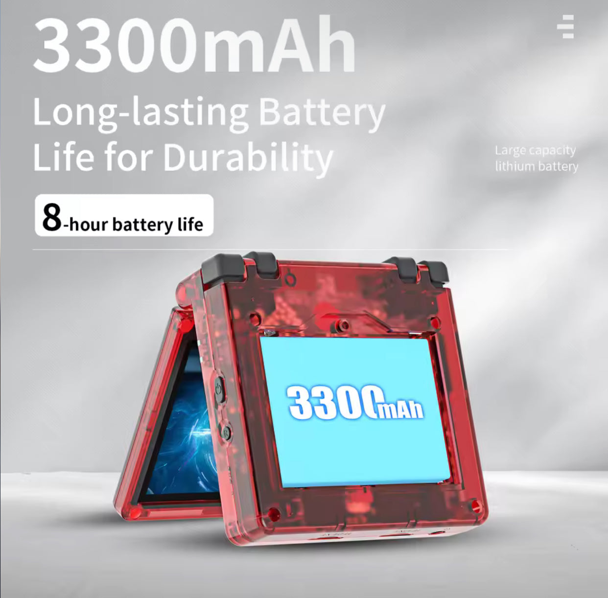 Red electronic device with a screen displaying '3300mAh' on a gray background Modded Game Boy Advance SP with 64GB memory card, IPS backlit screen and custom shell – restored and upgraded handheld console.”
