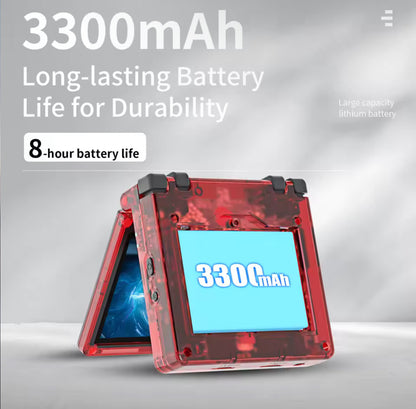 Red electronic device with a screen displaying '3300mAh' on a gray background Modded Game Boy Advance SP with 64GB memory card, IPS backlit screen and custom shell – restored and upgraded handheld console.”
