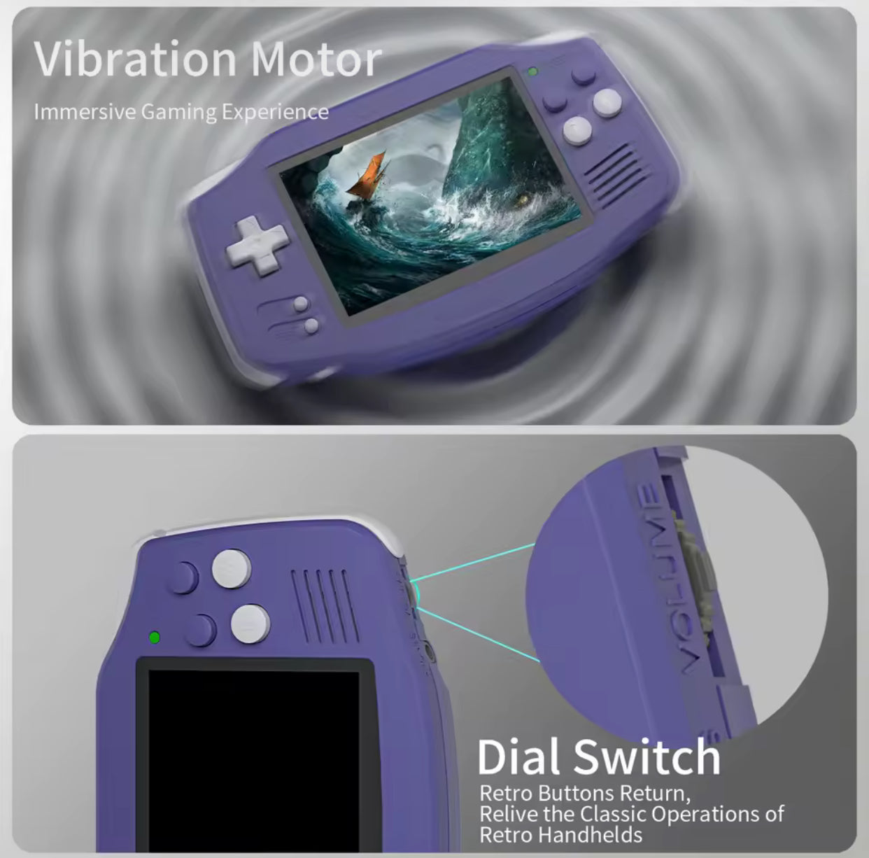 Purple handheld gaming device with screen displaying game, vibration motor feature Modded Nintendo GBA handheld console with upgraded screen and 64GB storage”
2. “Front view of modded GBA with enhanced display and custom buttons”
3. “Back view of upgraded Game Boy Advance handheld console”
4. “Close-up of the modded GBA screen and controls”
5. “64GB modded Nintendo GBA shown with rechargeable battery upgrade”
6. “Custom Nintendo GBA handheld console for retro gaming” highlighted.