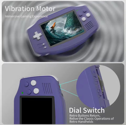 Purple handheld gaming device with screen displaying game, vibration motor feature Modded Nintendo GBA handheld console with upgraded screen and 64GB storage”
2. “Front view of modded GBA with enhanced display and custom buttons”
3. “Back view of upgraded Game Boy Advance handheld console”
4. “Close-up of the modded GBA screen and controls”
5. “64GB modded Nintendo GBA shown with rechargeable battery upgrade”
6. “Custom Nintendo GBA handheld console for retro gaming” highlighted.