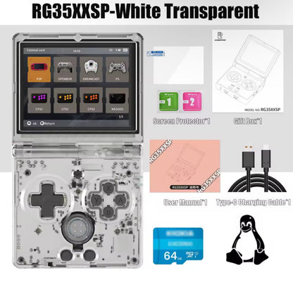 ANBERNIC RG35XXSP unboxing 64GB SD card pre-installed games custom firmware UK charger included
