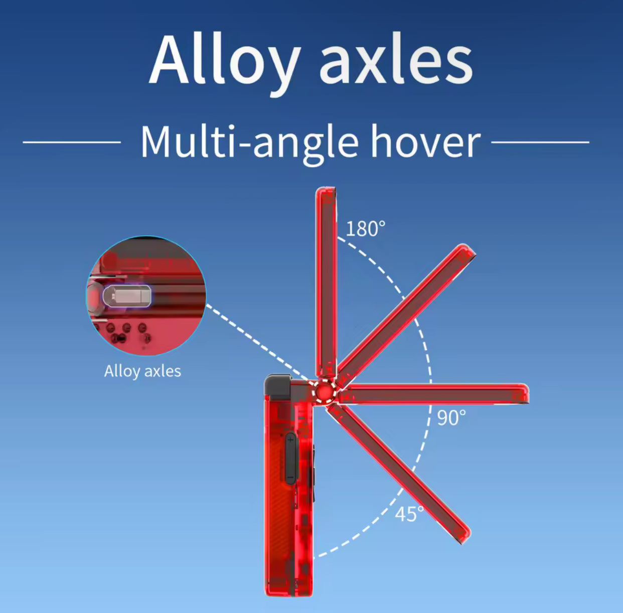 Red alloy axles with multi-angle hover feature on a blue background Modded Game Boy Advance SP with 64GB memory card, IPS backlit screen and custom shell – restored and upgraded handheld console.”
