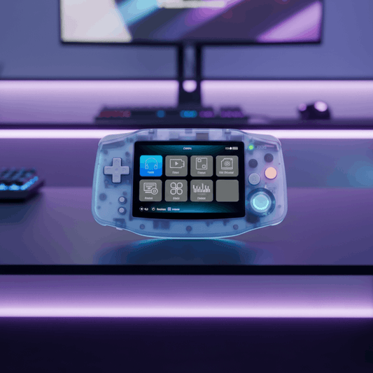 Anbernic RG34XX Glacier retro handheld console with custom firmware and preloaded games
