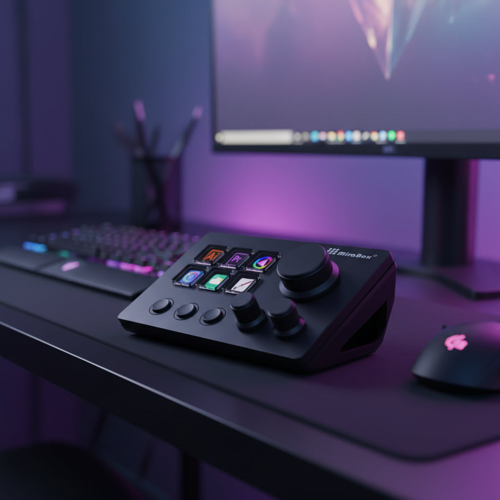 Control panel on a desk with a computer setup in the background Elgato Stream Deck device on a desk with customizable LCD keys”

“Stream Deck with illuminated macro buttons used for streaming control”

“Elgato Stream Deck showing programmable hotkey icons”

“Compact Stream Deck controller for creators with customizable shortcuts