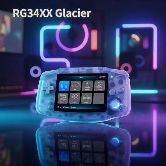 Handheld gaming console with 'RG34XX Glacier' branding against a neon-lit background Modded Nintendo GBA handheld console with upgraded screen and 64GB storage”
2. “Front view of modded GBA with enhanced display and custom buttons”
3. “Back view of upgraded Game Boy Advance handheld console”
4. “Close-up of the modded GBA screen and controls”
5. “64GB modded Nintendo GBA shown with rechargeable battery upgrade”
6. “Custom Nintendo GBA handheld console for retro gaming”.