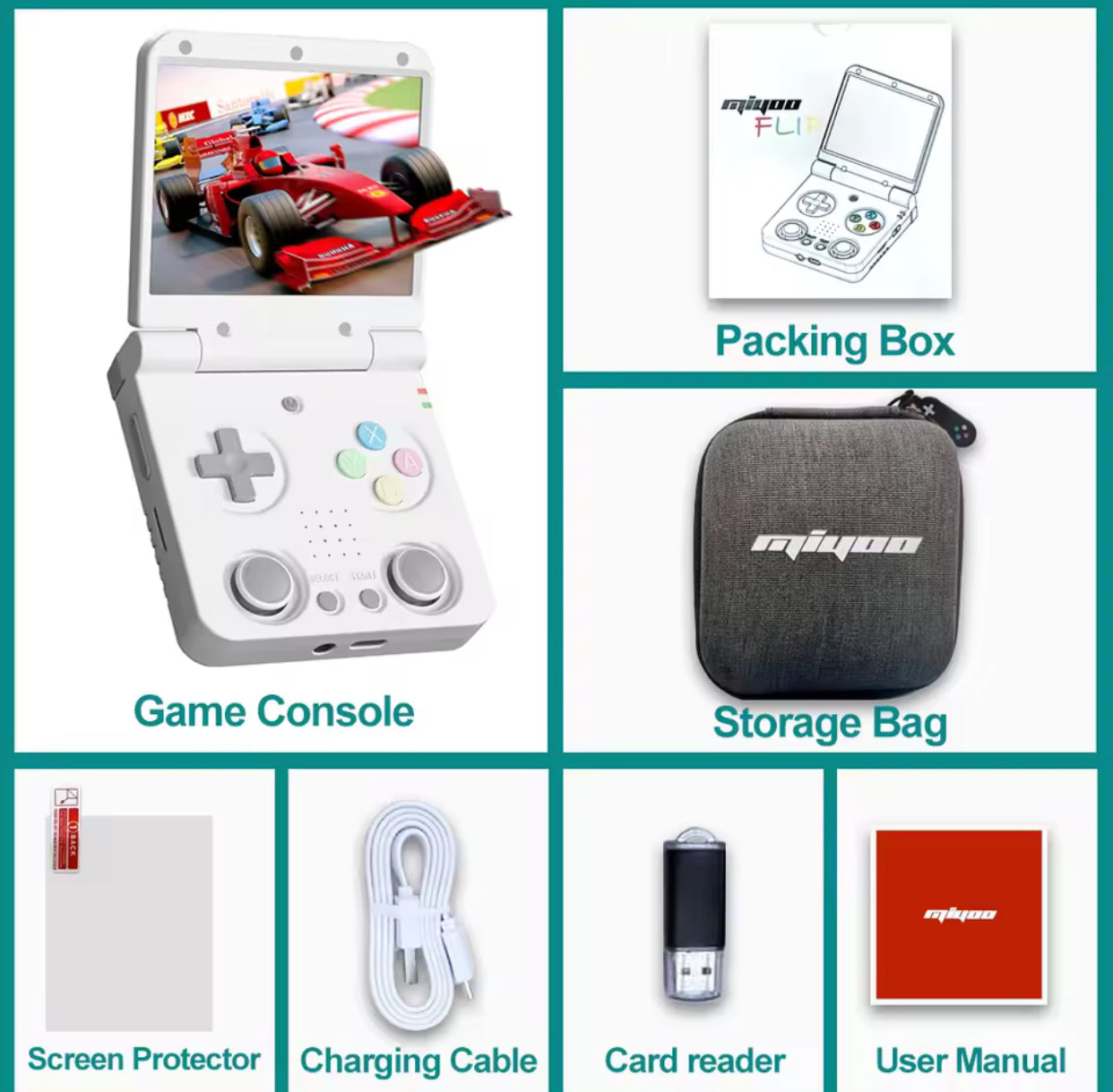 Collage of a game console, packaging box, storage bag, screen protector, charging cable, card reader, and user manual with 'miyoo' branding. MIYOO Flip V2 retro handheld gaming console with clamshell design, 3.5-inch IPS 640×480 screen, RK3566 quad-core CPU, dual analog sticks, 1GB RAM, 64GB microSD support, Wi-Fi, Bluetooth, USB-C charging, 3000mAh battery, metal hinge, and upgraded controls for multi-system emulation.
