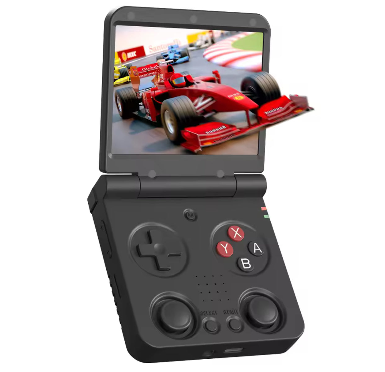Black handheld gaming device with a screen displaying a racing game on a white background MIYOO Flip V2 retro handheld gaming console with clamshell design, 3.5-inch IPS 640×480 screen, RK3566 quad-core CPU, dual analog sticks, 1GB RAM, 64GB microSD support, Wi-Fi, Bluetooth, USB-C charging, 3000mAh battery, metal hinge, and upgraded controls for multi-system emulation.