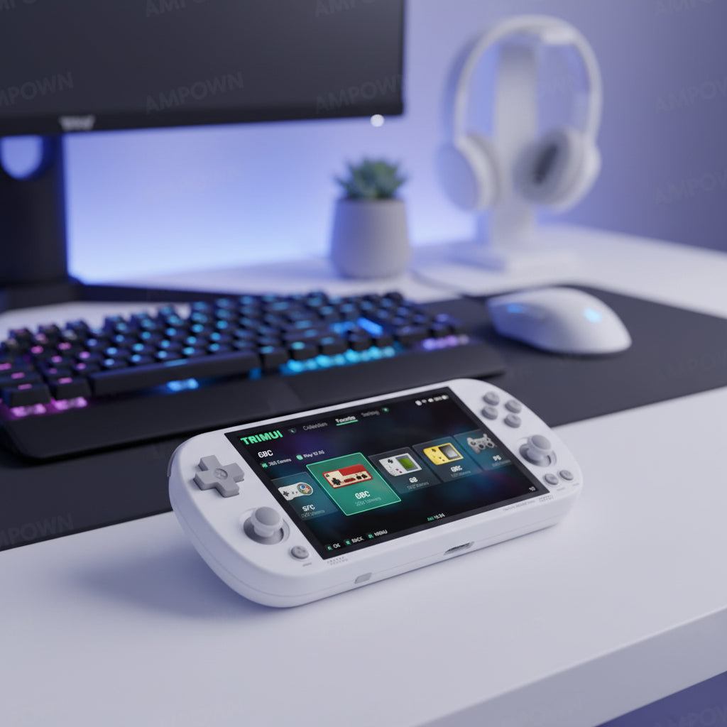 Handheld gaming console on a desk with computer equipment in the 128GB microSD 256GB 64GB No SD handheld console  linux gaming handheld retro gaming setup collection background