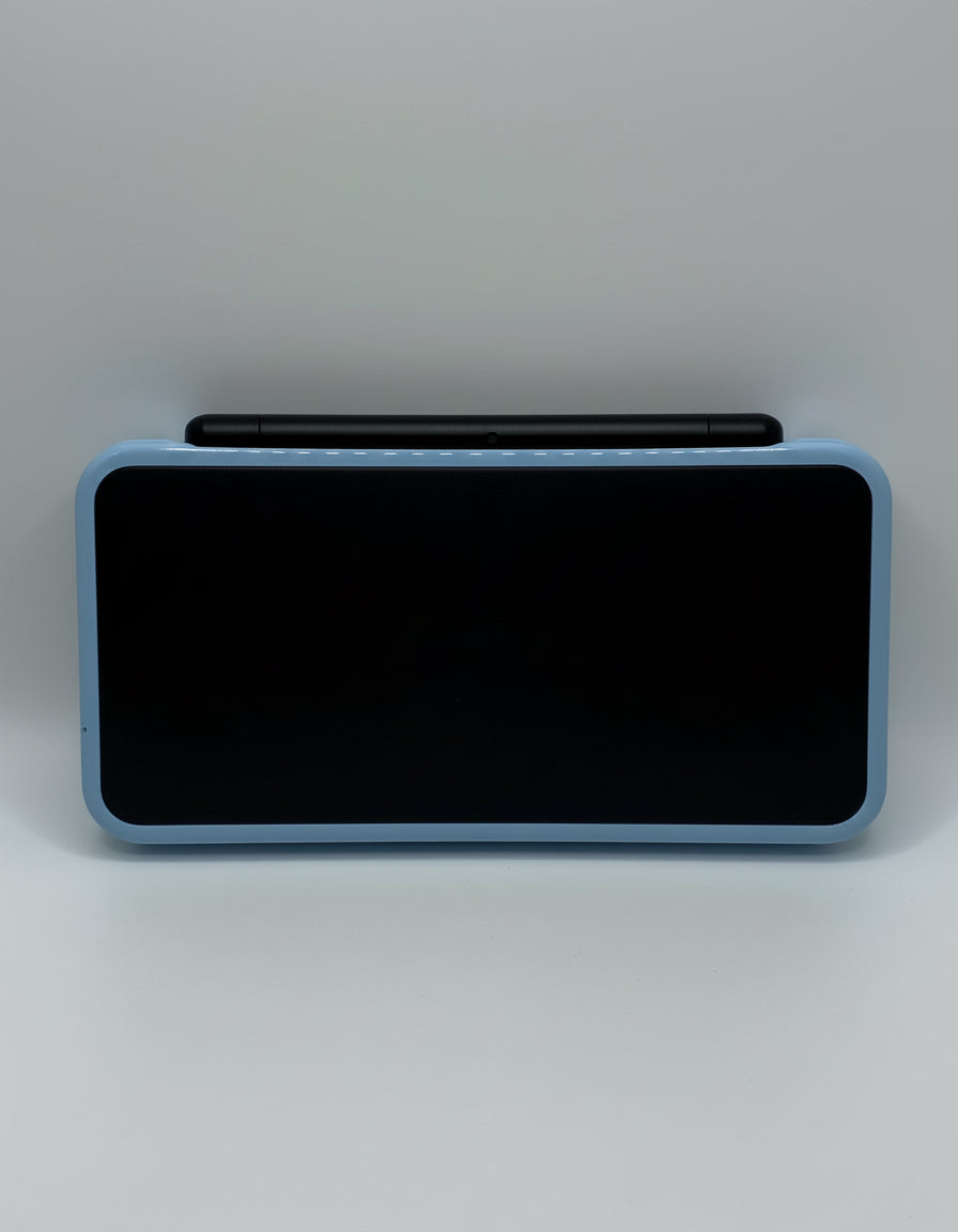 Rectangular electronic device with textured surface and pen on a gray background
