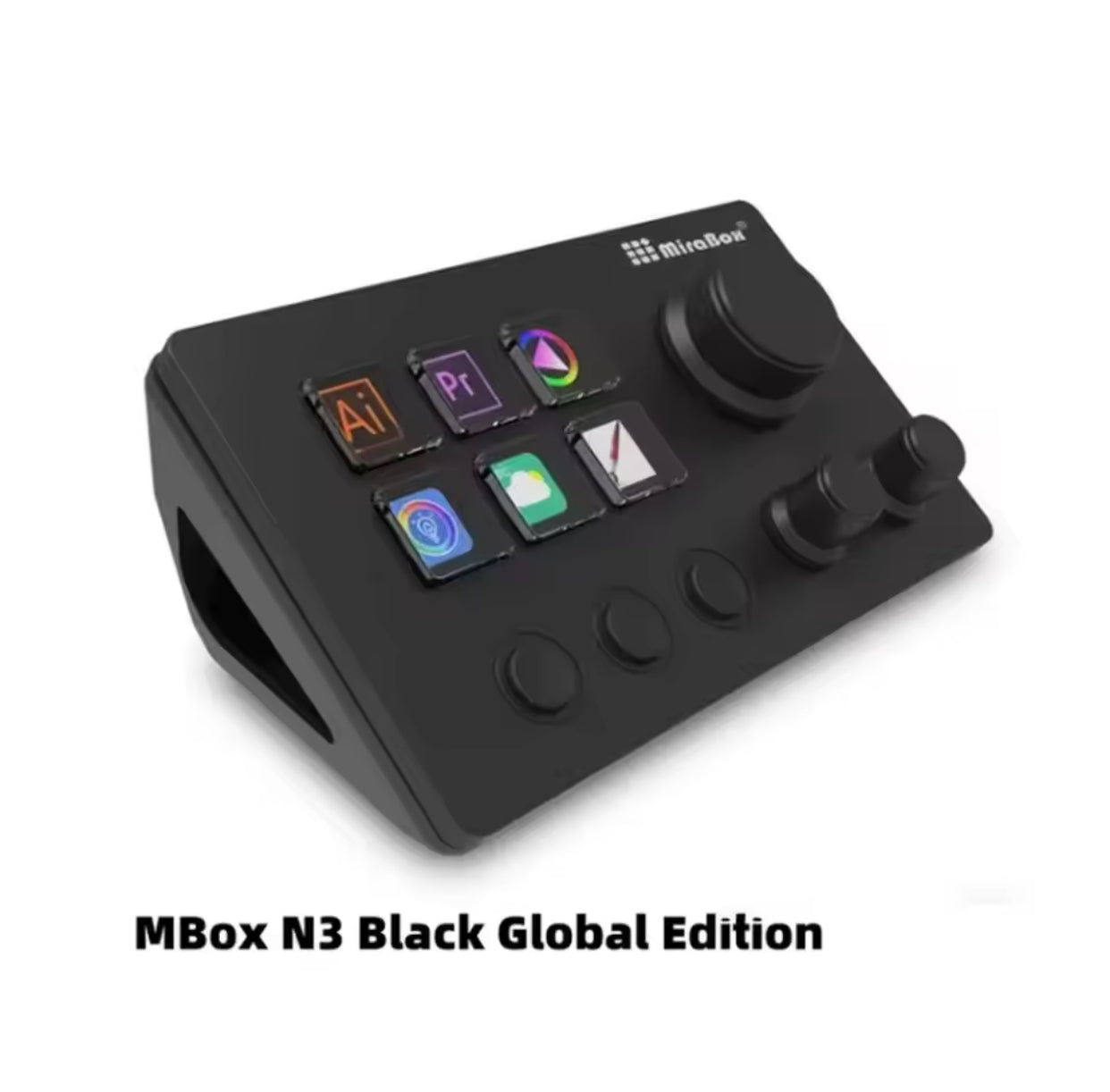 Black MBox N3 device with control buttons and logos on a white background Elgato Stream Deck device on a desk with customizable LCD keys”

“Stream Deck with illuminated macro buttons used for streaming control”

“Elgato Stream Deck showing programmable hotkey icons”

“Compact Stream Deck controller for creators with customizable shortcuts”