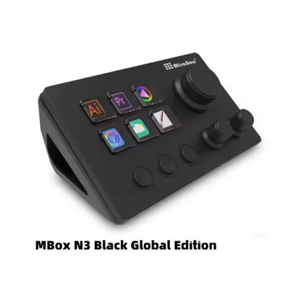 Black MBox N3 device with control buttons and logos on a white background Elgato Stream Deck device on a desk with customizable LCD keys”

“Stream Deck with illuminated macro buttons used for streaming control”

“Elgato Stream Deck showing programmable hotkey icons”

“Compact Stream Deck controller for creators with customizable shortcuts”