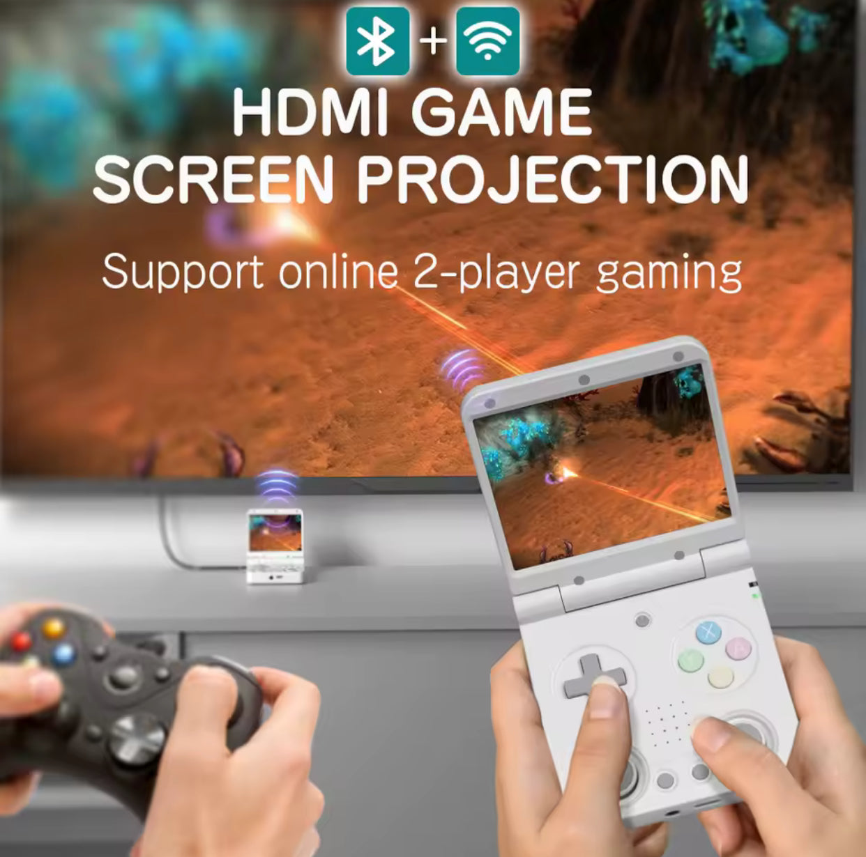 HDMI game screen projection with two gaming controllers and a TV displaying a game. MIYOO Flip V2 retro handheld gaming console with clamshell design, 3.5-inch IPS 640×480 screen, RK3566 quad-core CPU, dual analog sticks, 1GB RAM, 64GB microSD support, Wi-Fi, Bluetooth, USB-C charging, 3000mAh battery, metal hinge, and upgraded controls for multi-system emulation.