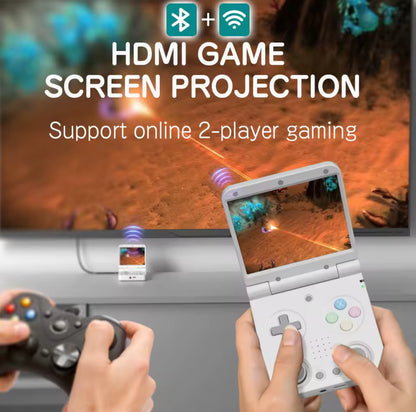 HDMI game screen projection with two gaming controllers and a TV displaying a game. MIYOO Flip V2 retro handheld gaming console with clamshell design, 3.5-inch IPS 640×480 screen, RK3566 quad-core CPU, dual analog sticks, 1GB RAM, 64GB microSD support, Wi-Fi, Bluetooth, USB-C charging, 3000mAh battery, metal hinge, and upgraded controls for multi-system emulation.