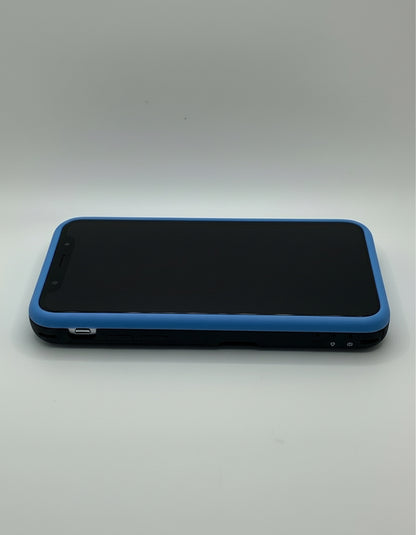 White electronic device with purple border on a gray background