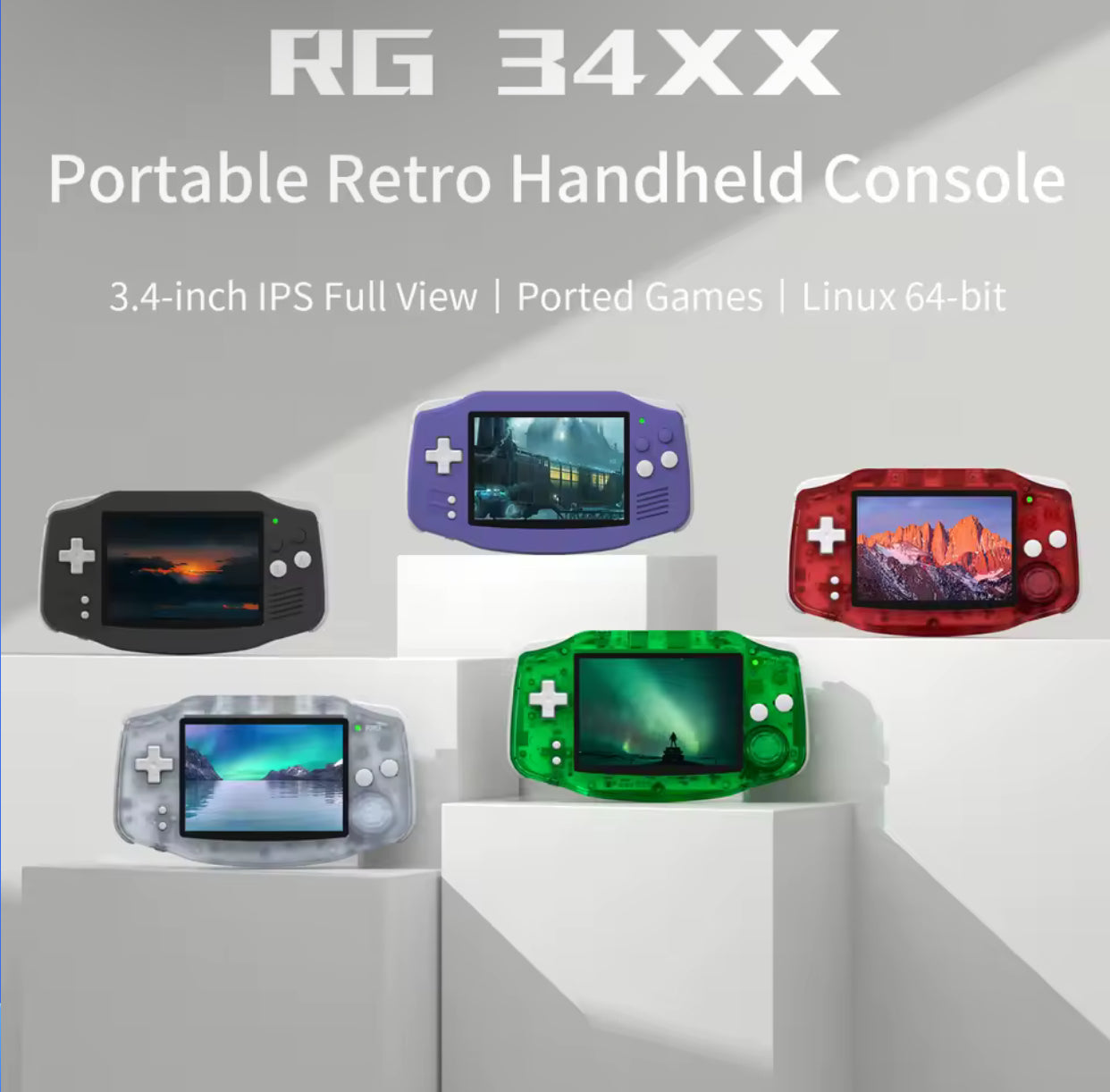 Portable retro handheld console with various colored models on a white background Modded Nintendo GBA handheld console with upgraded screen and 64GB storage”
2. “Front view of modded GBA with enhanced display and custom buttons”
3. “Back view of upgraded Game Boy Advance handheld console”
4. “Close-up of the modded GBA screen and controls”
5. “64GB modded Nintendo GBA shown with rechargeable battery upgrade”
6. “Custom Nintendo GBA handheld console for retro gaming”