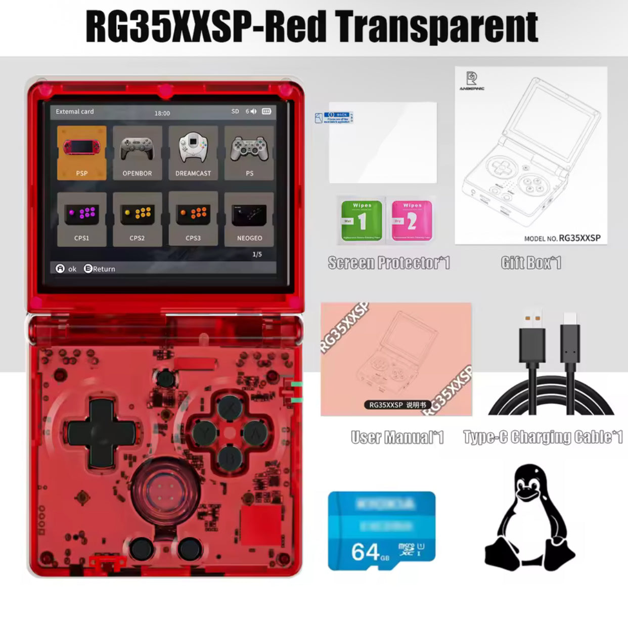 Red transparent handheld device with screen protector, cable, and microSD card on a white background Modded Game Boy Advance SP with 64GB memory card, IPS backlit screen and custom shell – restored and upgraded handheld console.”
