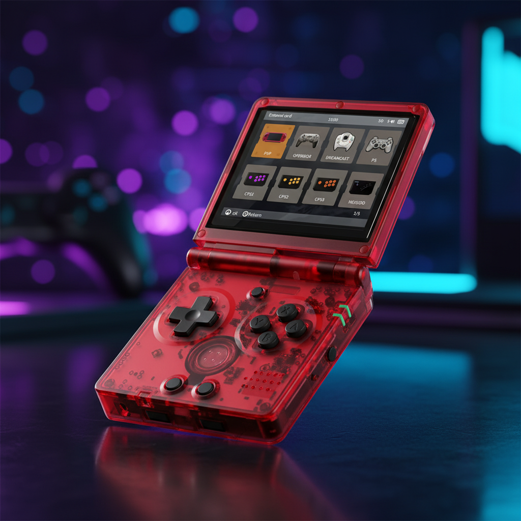 Red handheld gaming console with screen Modded Game Boy Advance SP with 64GB memory card, IPS backlit screen and custom shell – restored and upgraded handheld console.”
displaying game options on a blurred colorful  background