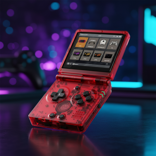 Red handheld gaming console with screen Modded Game Boy Advance SP with 64GB memory card, IPS backlit screen and custom shell – restored and upgraded handheld console.”
displaying game options on a blurred colorful  background