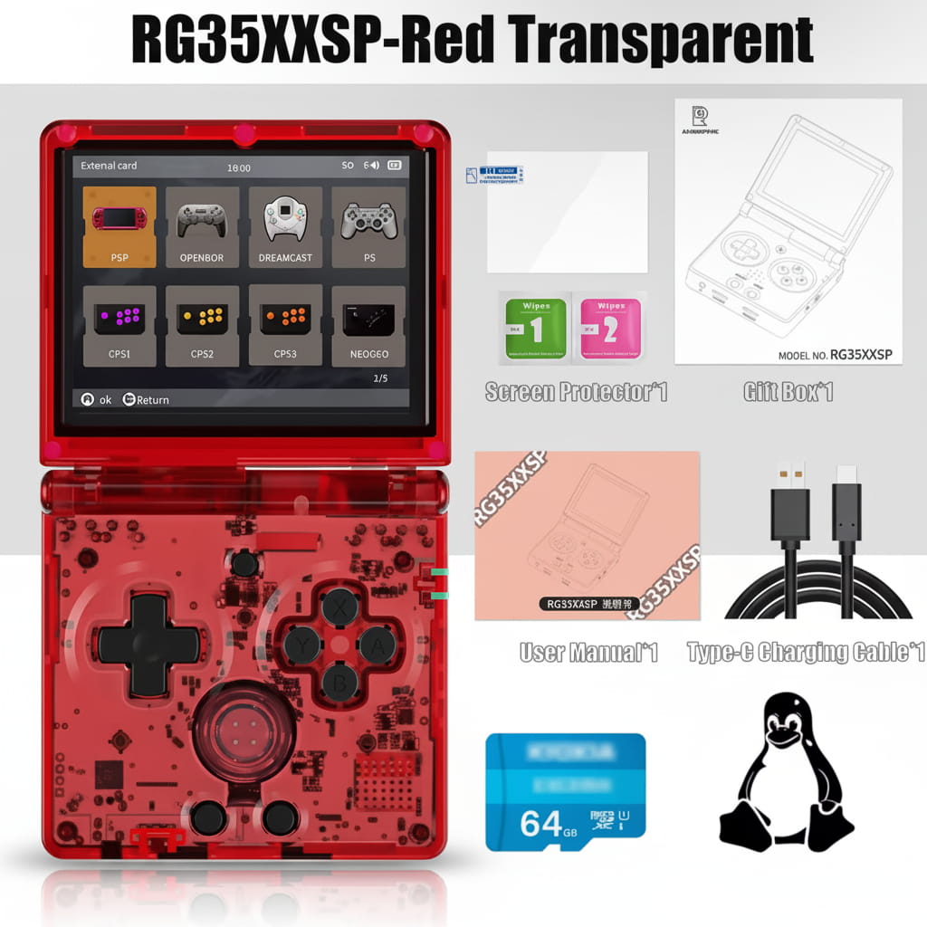 ANBERNIC RG35XXSP retro emulator handheld 64GB SD card custom firmware pre-installed games