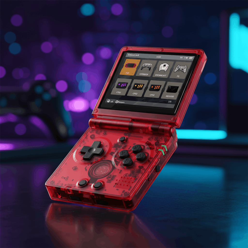 ANBERNIC RG35XXSP retro handheld console with custom firmware and 64GB SD card pre-installed games