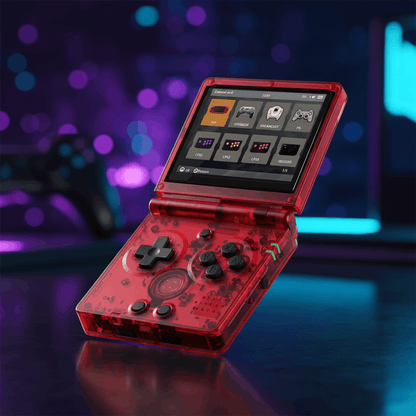 ANBERNIC RG35XXSP retro handheld console with custom firmware and 64GB SD card pre-installed games
