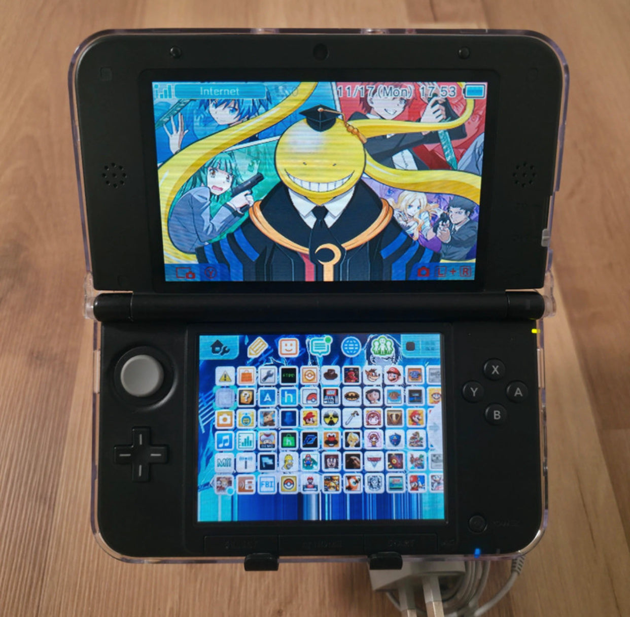 Nintendo 3DS gaming console displaying an anime game on the  Modified Nintendo 3DS XL with custom firmware, Luma3DS, homebrew apps, emulators, customizable themes, and enhanced performance features.screen.