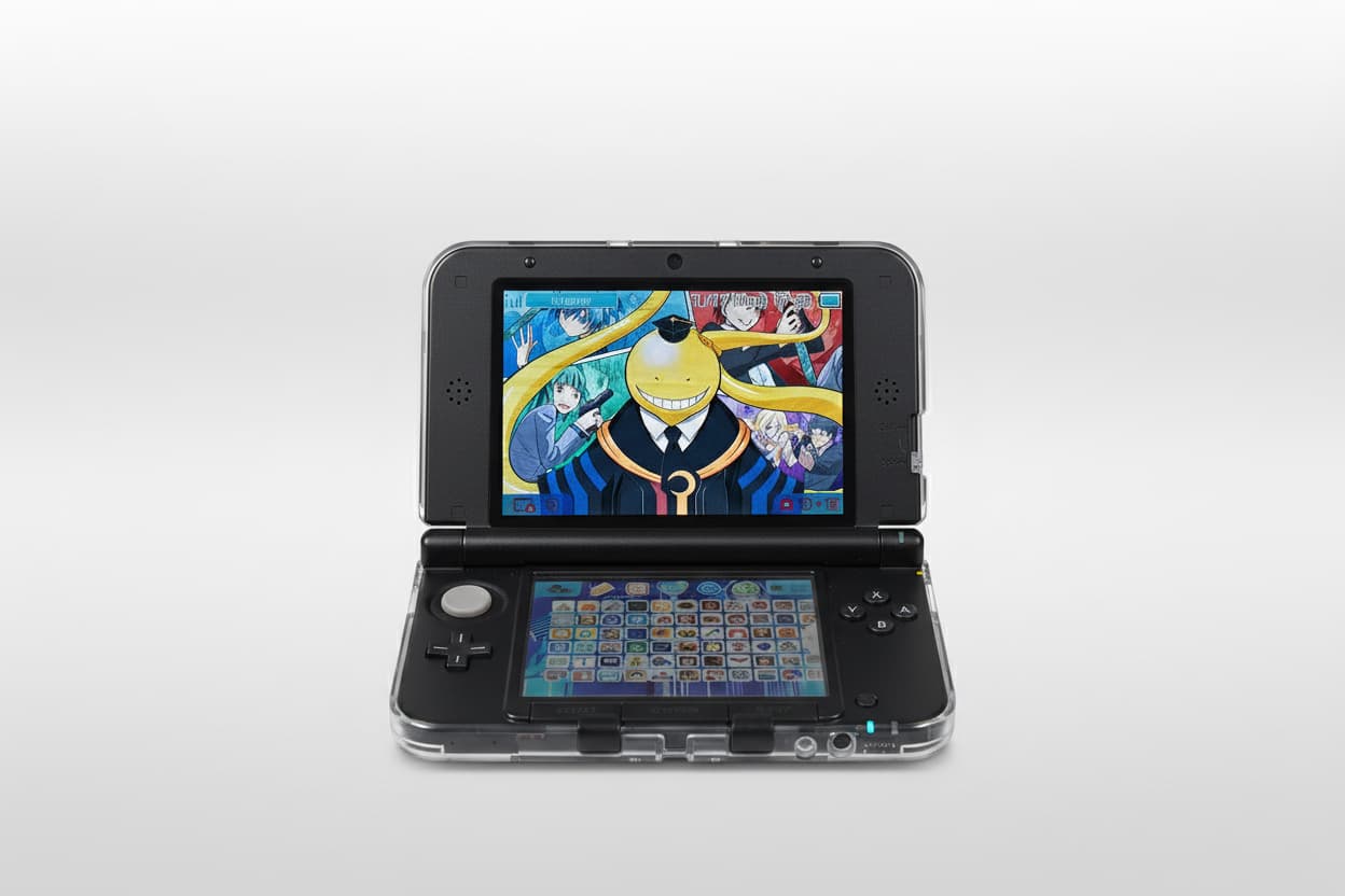 Modified Nintendo 3DS XL displaying anime game with Luma3DS custom firmware and 64GB/128GB/256GB storage options

