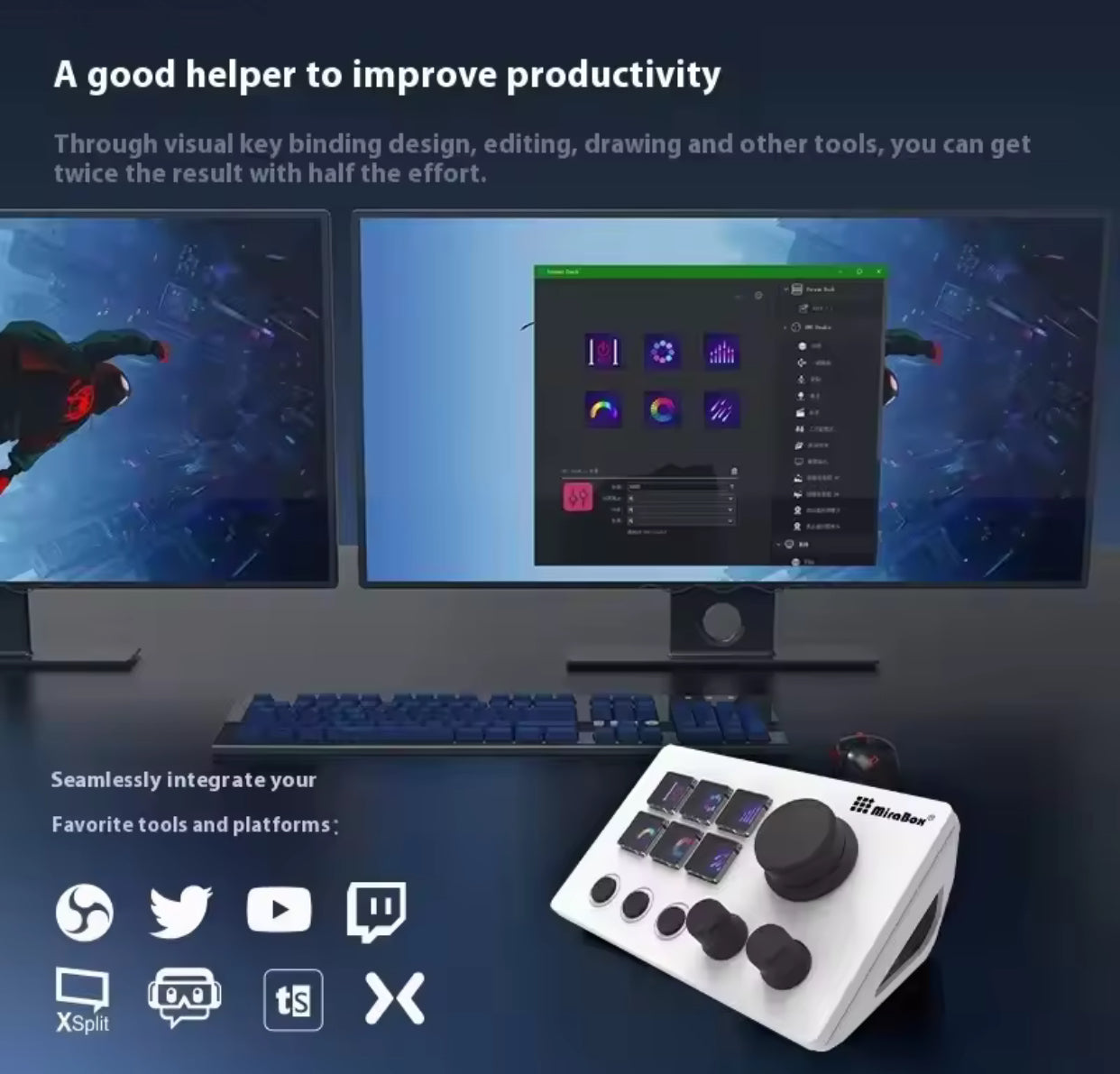 White gaming controller with buttons on a desk setup with computer monitors displaying software interface.Elgato Stream Deck device on a desk with customizable LCD keys”

“Stream Deck with illuminated macro buttons used for streaming control”

“Elgato Stream Deck showing programmable hotkey icons”

“Compact Stream Deck controller for creators with customizable shortcuts”