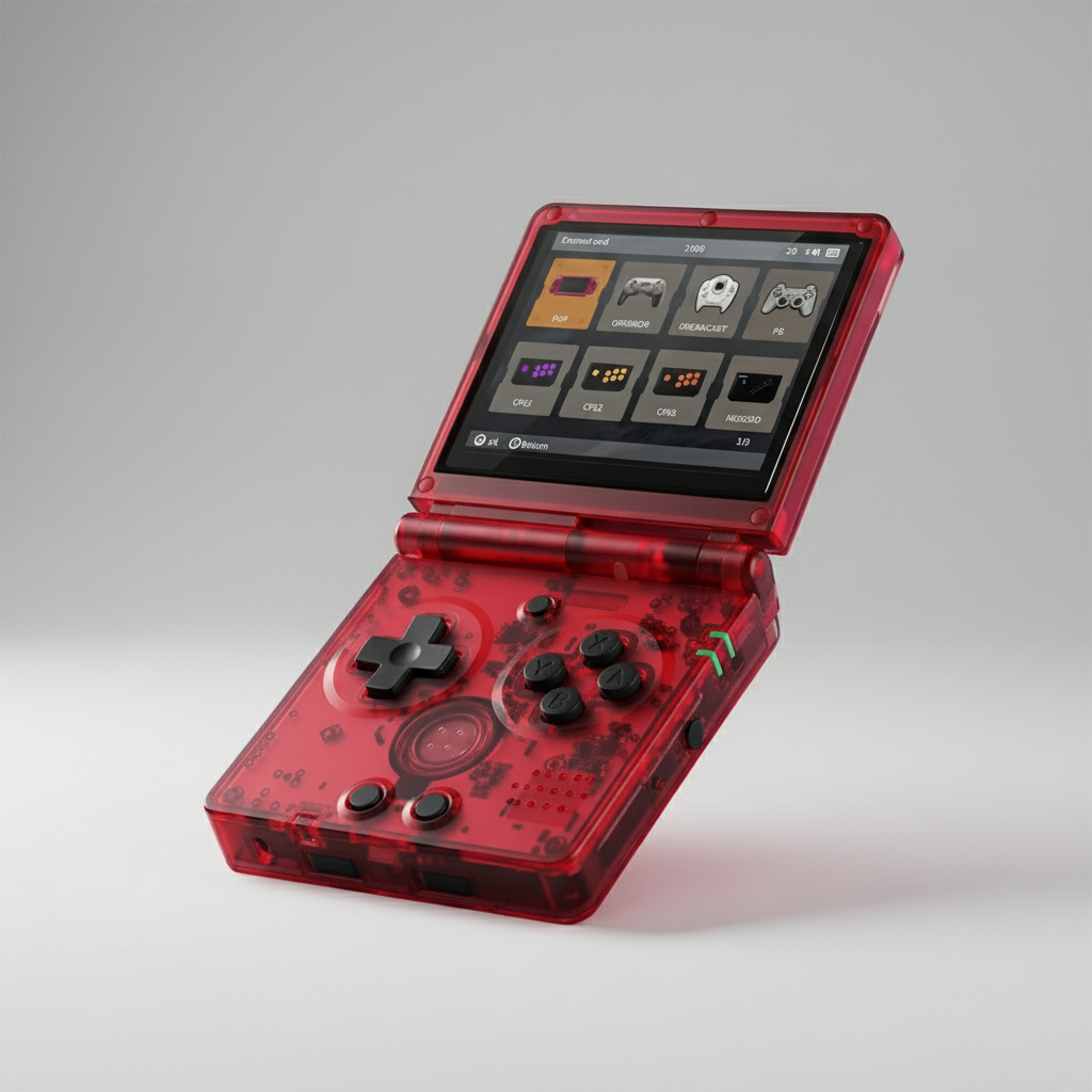 Red handheld gaming console with transparent casing on a gray background Modded Game Boy Advance SP with 64GB memory card, IPS backlit screen and custom shell – restored and upgraded handheld console.”
