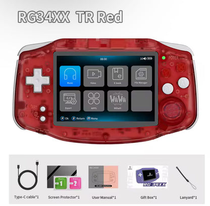 Anbernic RG34XX Red translucent retro handheld - modded gaming console with custom firmware
