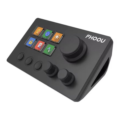 Black control panel with buttons and joystick, branded 'FHOOU', on a white backgroundElgato Stream Deck device on a desk with customizable LCD keys”

“Stream Deck with illuminated macro buttons used for streaming control”

“Elgato Stream Deck showing programmable hotkey icons”

“Compact Stream Deck controller for creators with customizable shortcuts”