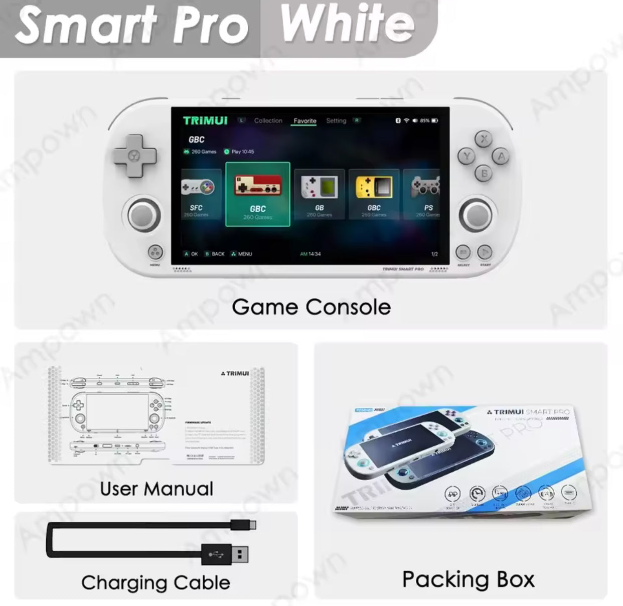Smart Pro White game console with user manual, charging cable, and packaging box on a white background 128GB microSD 256GB 64GB No SD handheld console  linux handheld Linux retro gaming setup collection amazing custom firmware emulators 