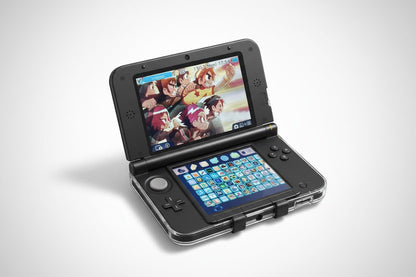 Modified Nintendo 3DS XL on wooden surface with custom firmware Luma3DS, homebrew apps, and emulators
