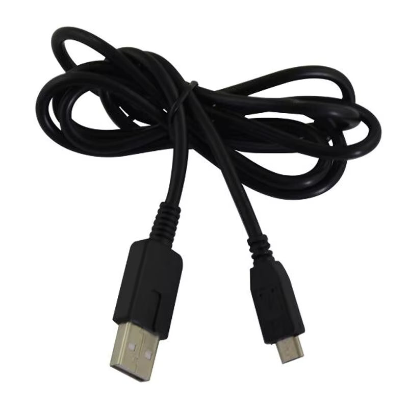 Black USB cable with one end being USB type A and the other end being USB type B on a white background. Sony PS Vita 2000 charger cable, USB charging cable compatible with PS Vita Slim handheld console