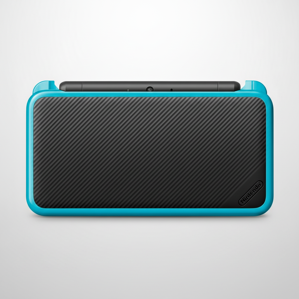 Black gaming console with blue accents on a white background White handheld gaming console with dual screens on a desk with colorful lighting Modded New Nintendo 2DS XL with Luma custom firmware, 128GB SD card, emulators, homebrew apps, and pre-installed software, displayed in excellent condition for retro and 3DS gaming.