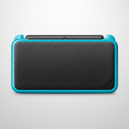 Black gaming console with blue accents on a white background White handheld gaming console with dual screens on a desk with colorful lighting Modded New Nintendo 2DS XL with Luma custom firmware, 128GB SD card, emulators, homebrew apps, and pre-installed software, displayed in excellent condition for retro and 3DS gaming.