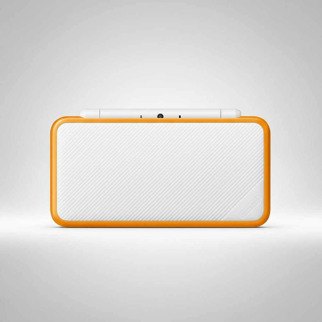 White electronic device with orange border on a white background White handheld gaming console with dual screens on a desk with colorful lighting Modded New Nintendo 2DS XL with Luma custom firmware, 128GB SD card, emulators, homebrew apps, and pre-installed software, displayed in excellent condition for retro and 3DS gaming.