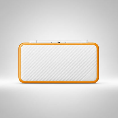 White electronic device with orange border on a white background White handheld gaming console with dual screens on a desk with colorful lighting Modded New Nintendo 2DS XL with Luma custom firmware, 128GB SD card, emulators, homebrew apps, and pre-installed software, displayed in excellent condition for retro and 3DS gaming.