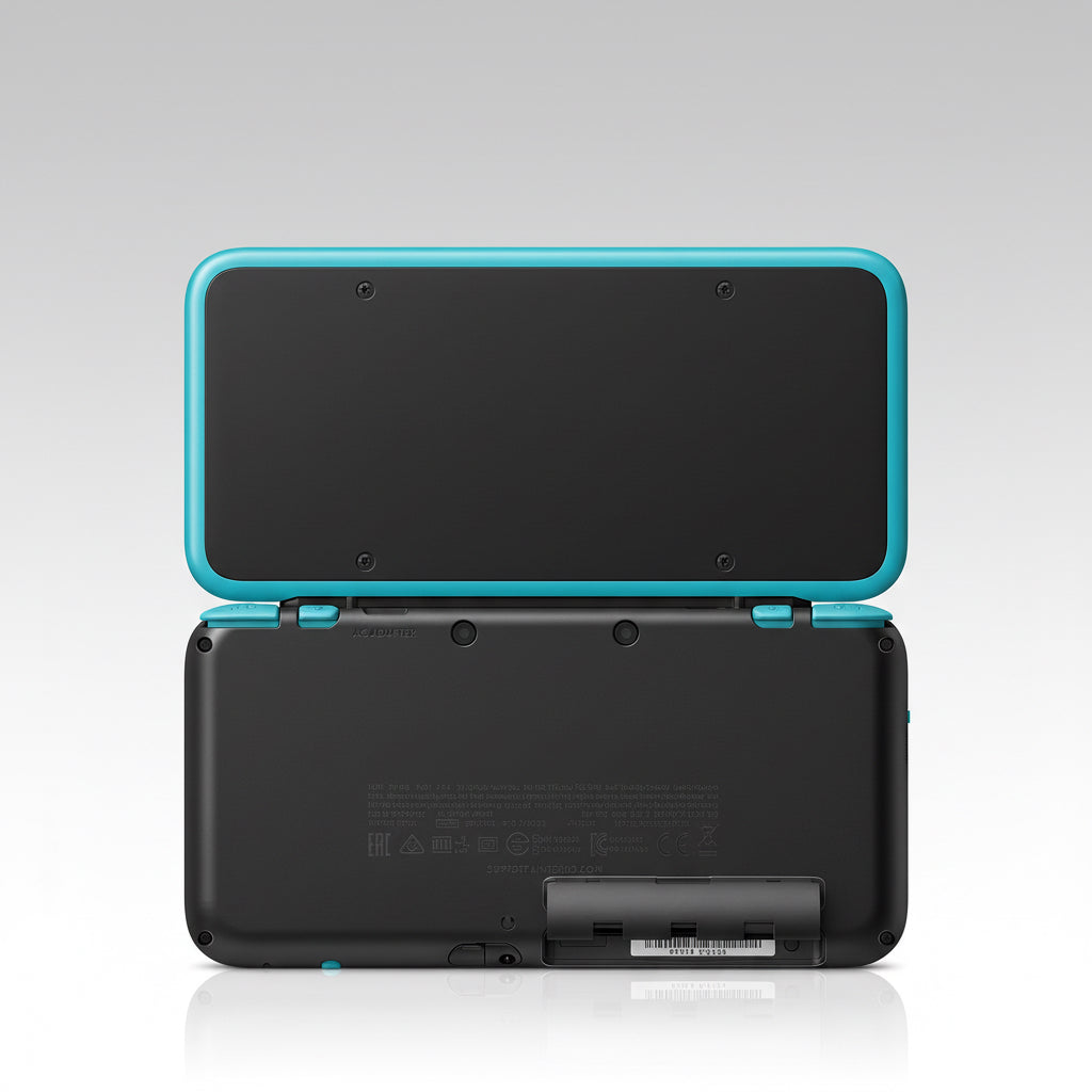 Black electronic device with turquoise top cover on a white background White handheld gaming console with dual screens on a desk with colorful lighting Modded New Nintendo 2DS XL with Luma custom firmware, 128GB SD card, emulators, homebrew apps, and pre-installed software, displayed in excellent condition for retro and 3DS gaming.